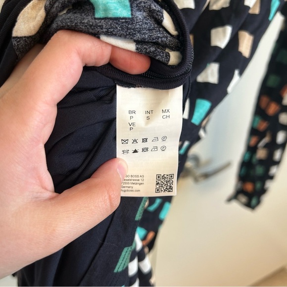 Boss Hugo Boss Esetta Ruched Dress Small Geometric Square Print Midi Long Sleeve - Picture 10 of 12